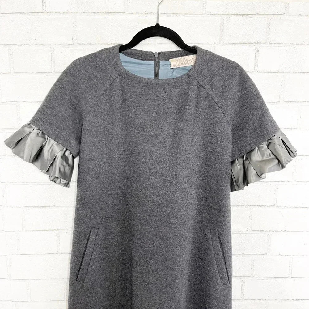 Lela Rose Charcoal Gray 100% Wool Ruffle Puffed Sleeve Shift Dress Size 6 - Picture 2 of 9